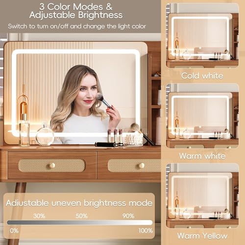 47" Rattan Vanity Table with Mirror and Lights, Brown Makeup Vanity with Storage & 5 Drawers, Boho Vanitys Desk with Shelves for Bedroom, 3 Lighting Modes, Adjustable Brightness (Walnut) - color: Walnut