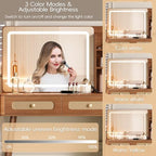 47" Rattan Vanity Table with Mirror and Lights, Brown Makeup Vanity with Storage & 5 Drawers, Boho Vanitys Desk with Shelves for Bedroom, 3 Lighting Modes, Adjustable Brightness (Walnut) - color: Walnut