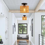 Ceiling Light Fixture,Hand-Woven Rattan Flush Mount Ceiling Light,Farmhouse Light Fixtures Ceiling Mount Boho for Hallway Bedroom Kitchen Entryway Living Room - color: 2 Pack Brown