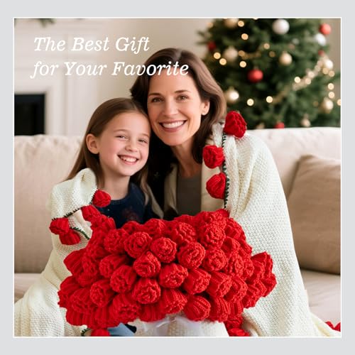Flower Bouquet Blanket, Birthday Gifts for Mom Teacher Women Grandkids Wife Girlfriend Her, Crochet Flower Blanket, Soft Knitted Throw Blankets for Teacher Appreciation Housewarming Gifts (Red Roses) - color: B-red Roses
