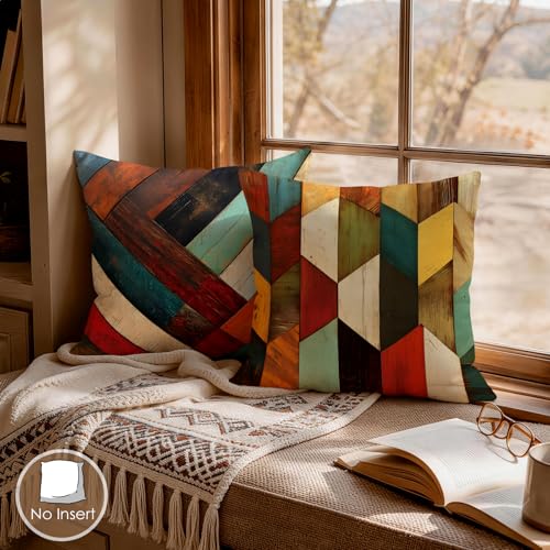 OBSEDE Retro Colored Wood Grain Geometry Decorative Throw Pillow Covers 18 × 18 in, Set of 4, Couch Cushion Cases Inserts for Sofa Bed Living Room Home Decor, Single Side Print - color: Retro Woodgrain Geometric Art, size: 18" x 18" (Pack of 4)