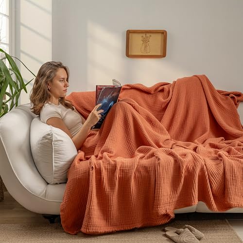 Muslin Blanket - Pure 100% Turkish Cotton Airy Soft Light Versatile Gauze Throw Blanket for Bed, Couch, Sofa (Brick, Throw Size (50" x 66" inch)) - color: Brick, size: Throw Size ( 50" x 66" inch )