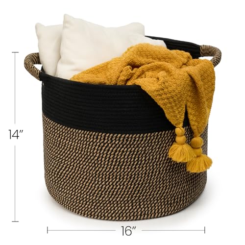 Blanket Basket (16" Dx14 H) - Round Woven Rope Storage for Living Room Throws, Pillows & Laundry- Black/Mixed Jute - color: Black/Mixed Jute, size: 16" X 16" X 14"