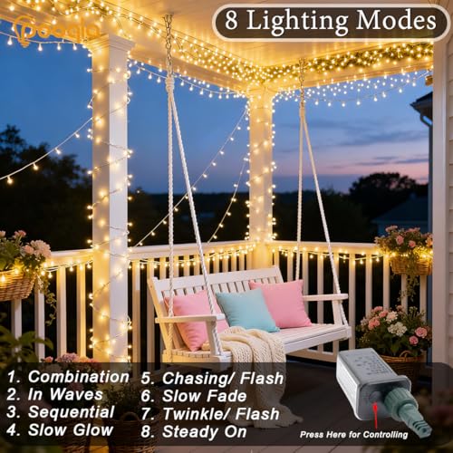 Pooqla 200 LED String Lights Indoor Outdoor, 66 ft Warm White Christmas Lights Plug in with Timer, Connectable 8 Modes Waterproof Clear Wire Twinkle Fairy Lights for Bedroom Party Classroom Decor - color: Warm White, size: 200LED