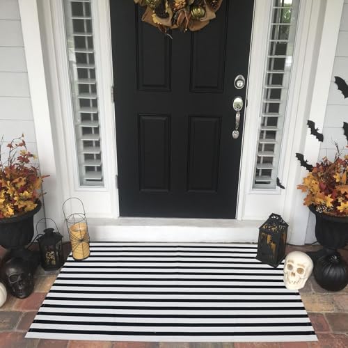 Black and White Striped Outdoor Rug Halloween Door Mat 27.5" x 43" Front Porch Rug Farmhouse Fall Layered Door Welcome Mat for Entryway/Home Entrance/Laundry Room - color: Black&white Stripe C, size: 2'4" x 3'7" (Rectangular)