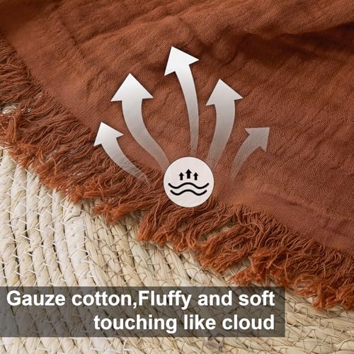 Cotton Muslin Throw Blanket with Tassels, Lightweight Woven Gauze, Pre-Washed Breathable Farmhouse Decor for Bed, Couch, All-Season Use (Rust, 50" x 60") - color: Rust, size: 50" x 60"