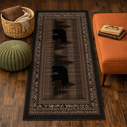 Bear Runner Rug 2.6x10, Retro Brown Cabin Rug for Runner, Forest Wildlife Bear Rugs Non-Shedding & Easy Care, for Dining Room Kitchen Office - color: Rustic Cabin, size: 2.6' x 10'(Runner)