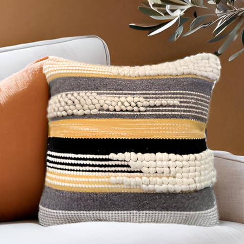 Decorative Boho-Chic Textured Square Pillow Cover 18" x18” Handwoven Throw Pillows for Couch, Sofa or Bed with Tufted Accents Wool/Cotton, Neutral Farmhouse Home Decor Black/Yellow - color: Black/Grey