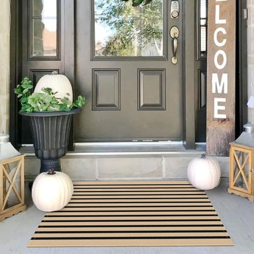 IOHOUZE Striped Area Rug 2'x3' Front Door Rugs Small Washable Area Rug for Front Porch, Spring Summer Welcome Door Mats Outdoor Indoor, Doormat for Entryway Porch Entrance, Tan/Black - color: Tan/Black Stripe, size: 2' x 3' (Rectangular)