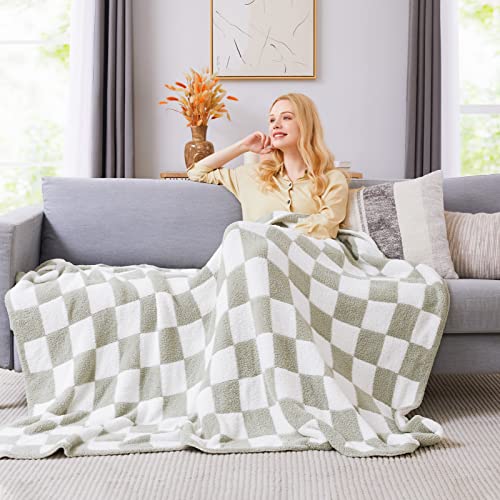 WRENSONGE Checkered Throw Blanket, Sage Green Soft Cozy Fluffy Warm Hand Made Throw Blankets for Couch, Sofa, Chair, Bed, Camping, Picnic, Travel Lightweight Bed Blanket - 90"*108" - color: Aloe Sage, size: King(90"x108")