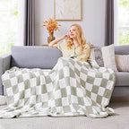 WRENSONGE Checkered Throw Blanket, Sage Green Soft Cozy Fluffy Warm Hand Made Throw Blankets for Couch, Sofa, Chair, Bed, Camping, Picnic, Travel Lightweight Bed Blanket - 90"*108" - color: Aloe Sage, size: King(90"x108")