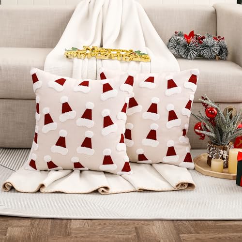 Christmas Tufted Throw Pillow Cover 18 x 18 inch Set of 2 Multiple Xmas Hats Pillow Covers 3D Christmas Party Decor Winter Holiday Cushion Case for Sofa Couch Bed Living Room - color: Multiple Christmas Hats, size: 18" x 18" (Pack of 2)