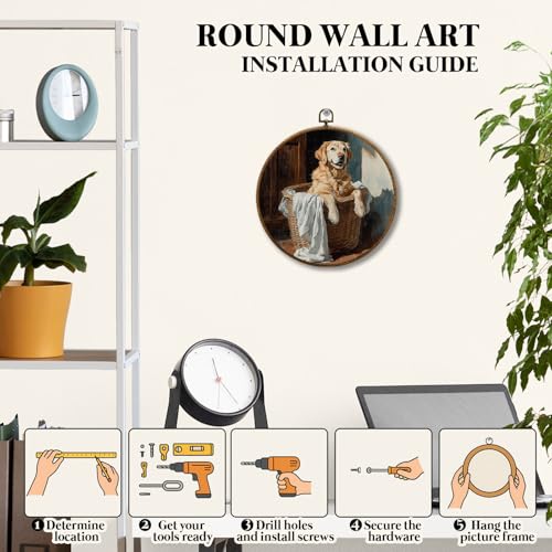 JUIOEIU Vintage Golden Retriever Laundry Room Round Wall Decor, Golden Retriever Gifts Framed Canvas Prints, Dog in Basket Wall Art Hanging Decorations for Washroom Laundry Room Decor, 10x10in - color: Laundry room10