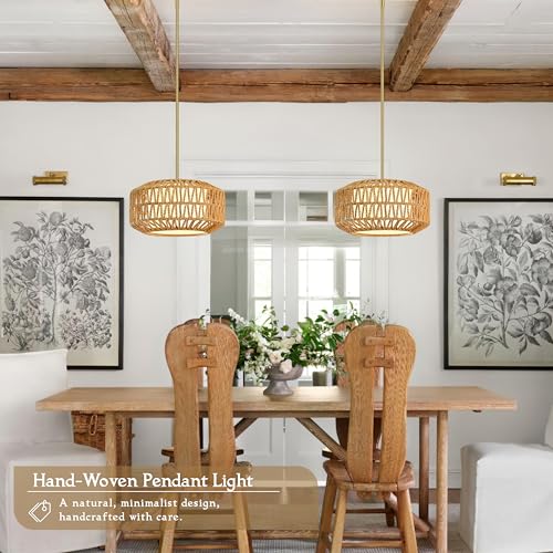 12.6 inch Natural Rattan Light Fixture Woven Pendant Lights Rustic Light Fixtures Fabric Shade Boho Chandelier for Dinning Room Kitchen (Bulb Incl.) - color: 12.6"-Natural-Prism