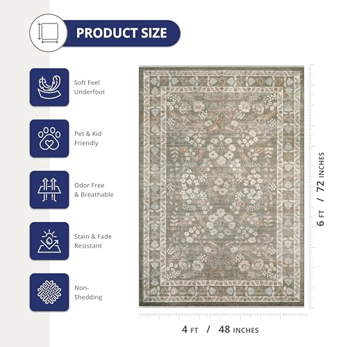Abani Oriental & Vintage Area Rug - 4'x6' Green Rectangle Rug for Living Room & Bedroom - Alara Vintage Collection - size: 4' x 6'5" (Rectangular)