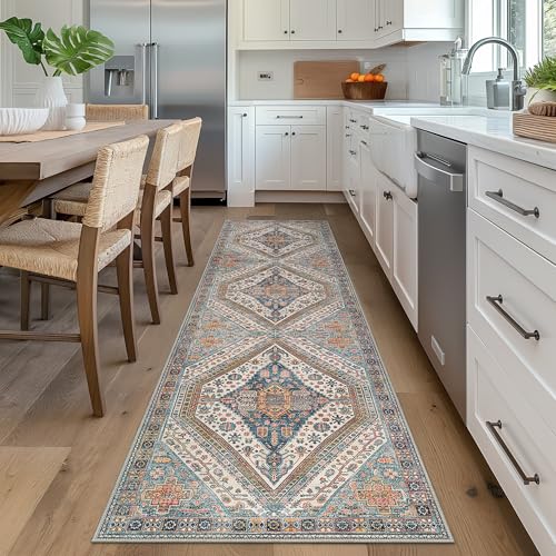 Bavni Kitchen Rug 2x5 Runner Rugs for Hallways Entryway, Washable Vintage Print Carpet, Ultra-Thin Chenille Low Pile Lightweight Rug with Non Slip Backing, Blue/Orange - color: Blue/Orange, size: 2' x 5' (Rectangular)