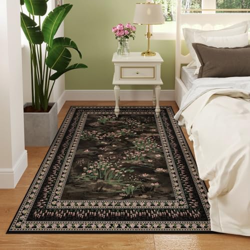 Rugcomf 3x5 Washable Rug Impressionist-Style Vintage Non Slip Low Pile Small Carpet for Bedroom Bedside Kitchen Entryway Kids Room Office College Dorm Essentials for Girls, Black - color: Black, size: 3' x 5' (Rectangular)
