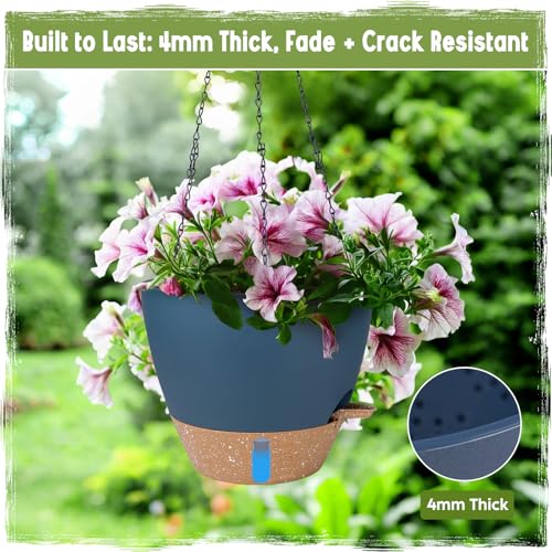Self-Watering Hanging Planters with Water Level Window, 8/10 Inch Indoor Outdoor Hanging Plant Pots Includes Chain Hangers with Drainage Holes & Detachable Reservoir (Blue, 8+10 inch) - color: Blue