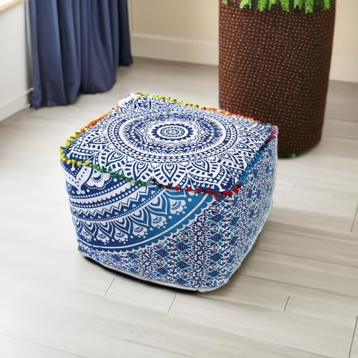 CRAFT KALA Indian Square Patchwork Traditional Pouf Cover Indian Living Room Poufs Cover Decorative Designer Ottoman Pom Pom Home Living Footstool Chair Cover Ottoman Decor 18X18X14 inches, Blue Ombre - color: Blue Ombre