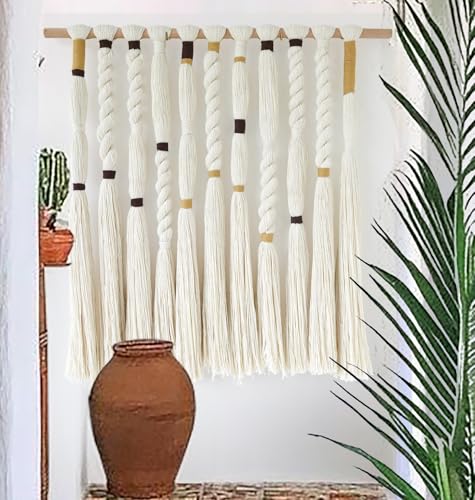 Flber Macrame Wall Hanging Woven Knot and Tassel Fringe Handmade Boho Wall Art for Bedroom, Living Room, or Entryway Decor 27" W x 29" L - color: Ivory3