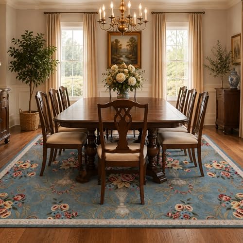 Helthep 5 * 7 Blue Floral Washable Rug, Vintage Area Rug with Non-Slip Backing, Soft Low Pile Floral for Living Room Bedroom Dining Room Home Office, Pet Friendly Easy Care Rug - color: Blue, size: 5' x 7' (Rectangular)