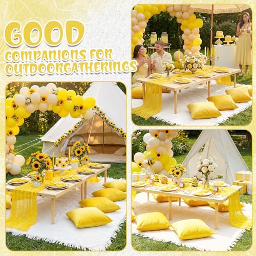 Beeveer 91 x 71 Extra Large Outdoor Boho Picnic Blanket with Yellow Table Runner, 6 Throw Pillow Covers 6 Napkins Woven Cotton Yarn Oversize Beach Blanket Washable Picnic Camp Wedding - color: Yellow
