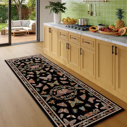 Unirea 2x6 Black Runner Rug, Washable Non Slip Insect Botanical Rug for Hallway, Kitchen, Bathroom, Laundry Room, Entryway, Bedroom, Soft Boho Door Mat Indoor Entrance Bug Rugs, Low Pile Carpet - color: Black, size: 2'x6'