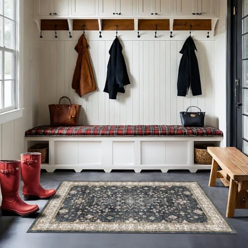 2x4 Entryway Runner Rugs, Small Runners for Kitchen, Door Mat Indoor Entrance, Bathroom, Non-Slip Low-Pile Washable Stain Resistant, Vintage Ashen Charcoal Floral Decor (Ashen/Multi) - color: Ashen / Multi, size: 2' x 4' (Rectangular)