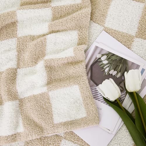 WRENSONGE Checkered Throw Blanket, Beige Soft Cozy Fluffy Warm Hand Made Throw Blankets for Couch, Sofa, Chair, Bed, Camping, Picnic, Travel Lightweight Bed Blanket - 50"*60" - color: Beige, size: Throw (50"x 60")
