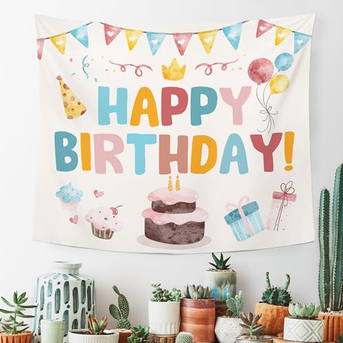 MNASAIOO Happy Birthday Wall Tapestry Hanging, Colorful Kids Banner Tapestries, Nursery Wall Decor for Girls Boys Baby Shower Party Playroom Dorm Bedroom 50x60in