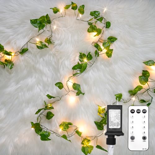 suddus Vine with Fairy Light Plug in, 33ft 100 LED Pothos String Lights Connectable with Remote, Leaf Lights for Bedroom, Room, Wall, Garden, Party, Wedding Dorm Decor (Warm White) - color: Pothos, size: 100 LED-Plug-Clear Wire