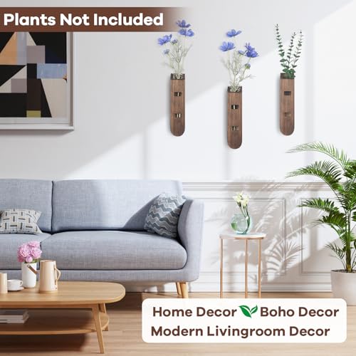 3 Pack Wood Planter Set, Boho Wall Decor for Living Room, Modern Farmhouse Entryway or Bathroom Decor, Wooden Vase Aesthetic Art for Wall Decorations - color: Log Color-d
