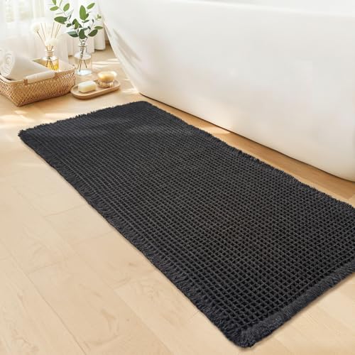 Black Bathroom Rug - Waffle Bath Mat Non Slip Washable, Super Absorbent & Quick Dry, Boho Bath Mat Farmhouse Bathroom Decor, 20'' x 48'', Black - color: Black, size: 20'' X 48''