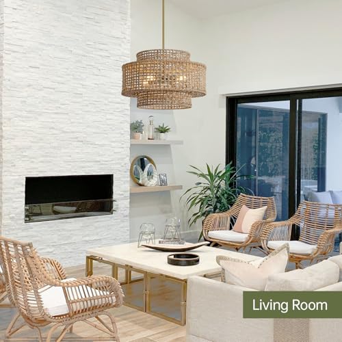 17.7” Boho Rattan Chandelier Light Fixture 4-Light Hand Woven Rustic Chandeliers with Wicker Shade, Farmhouse Chandelier Hanging Light for Dining Room Kitchen Island, Living Room, Foyer - color: Linen, size: 17.7" 4-Light