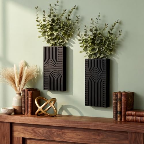 2 Pack Modern Farmhouse Wall Decor Wood Planter Vase with Artificial Eucalyptus Farmhouse Bohemian Hanging Wall Decor for Bathroom Dinning Room Living Room Hallway Bedroom(Black) - color: Black