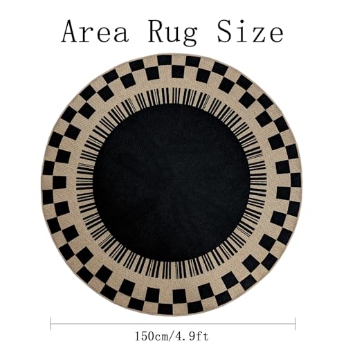 Easy Jute Checkered Rug, 5Ft Round Modern Indoor Outdoor Farmhouse Carpet, Washable Non-Slip Thin Neutral Floor Mat for Living Room Patio Kids Pets Room Playroom Home Office Kitchen, Black - color: Black Checker, size: 5'