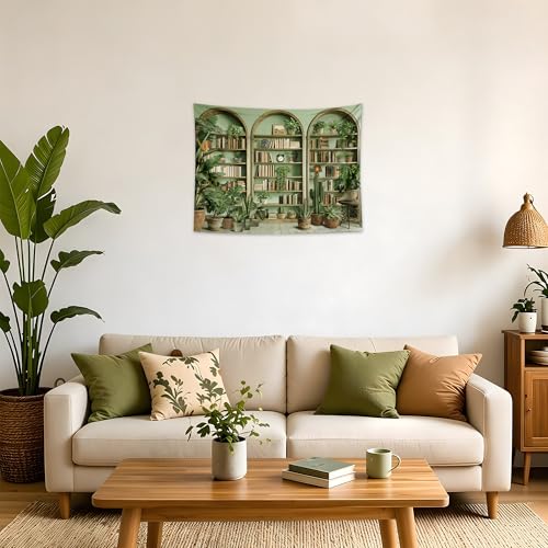 QGHOT Sage Green Vintage Tapestry Botanical Bookshelf Tapestry Wall Hanging Fake Potted Office Zoom Video Backdrop for Study Room Bedroom Living Room Decor, 39.4" x 31.5" - color: Z, size: 31.5"L x 39.4"W