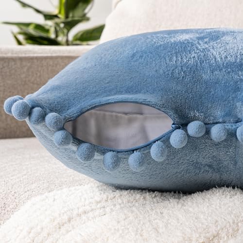 PAVILIA Dusty Blue Throw Pillow Covers with Pom Pom 18x18 Set of 2, Decorative Pillow Cases for Bedroom Aesthetic, Small Throw Pillows Set for Bed, Velvet Euro Plush Cushion Covers for Sofa Couch - color: Dusty Blue, size: 18" x 18" (Pack of 2)