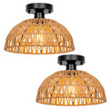 12.2" Rattan Ceiling Light Fixtures 2 Packs, Rustic Woven Basket Flush Mount Ceiling Light, Handmade Wicker Ceiling Lamp, Rattan Chandelier For Kitchen Island, Hallway, Living Room, Bedroom, E26 Base - color: Brown