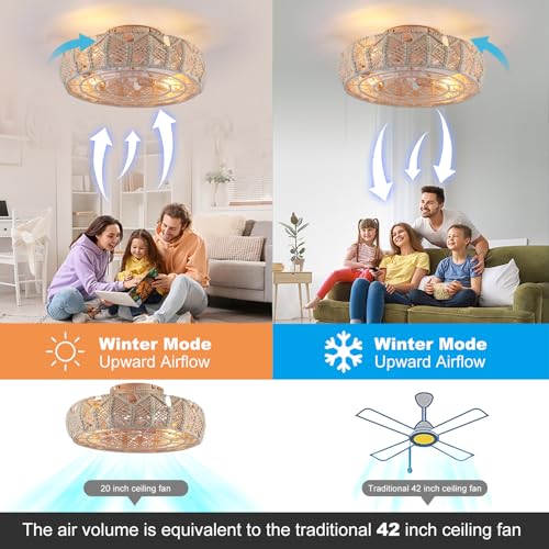 Boho Caged Ceiling Fans with Lights and Remote 20" Flush Mount 6-Speed Reversible Enclosed Low Profile Handmade Cotton Rope Bladeless Ceiling Fan with Light,for Bedroom, Living Room, Kitchen - color: Yellow