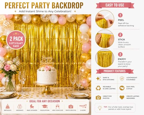 Gold Foil Fringe Curtain Backdrop – 2 Pack Metallic Tinsel Streamer Curtains 3.2ft x 6.4ft for Birthday, Graduation, Baby Shower, New Year’s Eve & Photo Booth Party Decorations | Fiesta Cart - color: Gold