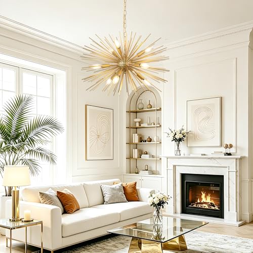 24" Modern Golden Sputnik Chandelier 9-Lights Mid-Century Modern Luxury Starburst Chandelier Gold Solid Metal Satellite Sputnik Chandeliers for Dining Room, Kitchen, Bedroom, Living Room - color: Golden 24" 9-Light