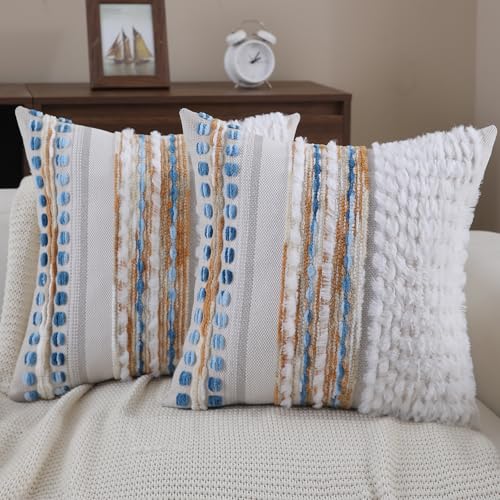 Boho Throw pillow covers 18x18 set of 2 farmhouse decorative Couch pillow covers neutral Accent throw pillows covers striped outdoor cushion covers square textured chenille pillow cases for sofa bed - color: Z Camel Blue