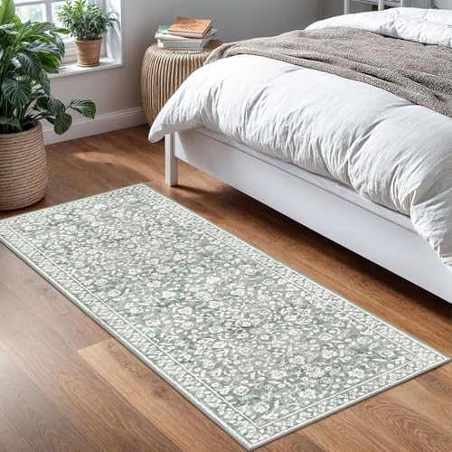 Vintage Washable 2x5 Rug Runner, Sage Green Grey Runners for hallways, Super Soft Kitchen Runner Rug Non Slip, Printed Faux Wool Floral Thin Carpet Runner for Entryway Laundry Room Bedroom - color: Grey With Light Sage Green, size: 2' x 5' (Runner)