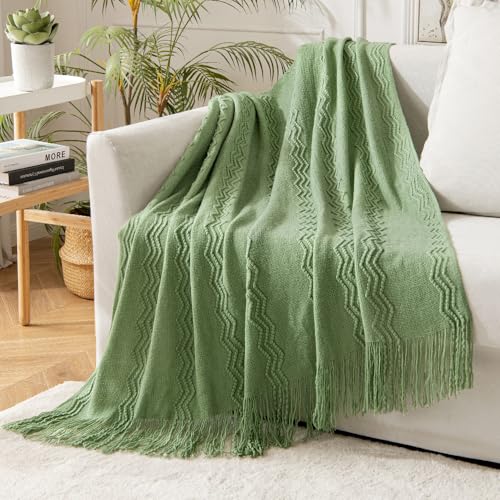 MIULEE Sage Green Knitted Throw Blanket for Couch Textured Spring Knit Blanket with Tassels Cozy Woven Boho Bed Blanket for Sofa Bed Chair Acrylic Wave Pattern 50"x60" - color: Sage Green, size: 50" x 60"