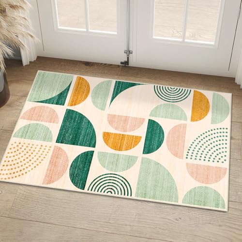 MUJOO Green Small Rug Washable,Boho Area Rugs for Entryway Bathroom Entry Entrance Bedroom Kitchen,Front Door Mat Throw Carpet Non Slip Indoor Soft Modern Abstract 2x3 Sage Green - color: Green and Yellow, size: 2' x 3' (Rectangular)