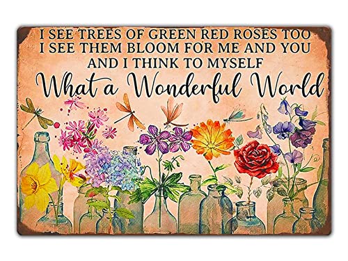Fmcmly Vintage Tin Signs Dragonfly What A Wonderful World I See Trees of Green Red Rose Too Flowers Poster House Garden Entryway Kitchen Office Living room Cafes Wall Decor 8x12 Inch - color: Tin Sign04