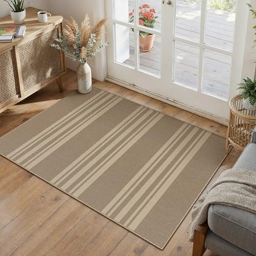 PureCozy Striped Easy Jute Rug 2x3 Khaki Entryway Carpet Washable Non Slip Door Mat Farmhouse Neutral Non Shedding Entry Small Indoor Outdoor Rug for Kitchen Bedroom Mudroom Bathroom - color: Khaki/Striped, size: 2' x 3' (Rectangular)