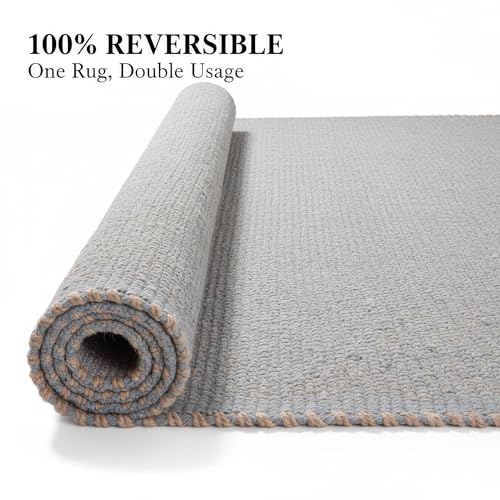 Light Gray 5x7 Handwoven Jute Cotton Area Rug – Reversible Natural Fiber Rug for Living Rooms, Dining Room or Bedroom - color: Light Gray, size: 5' x 7'