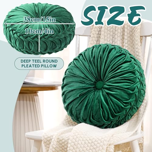 Drydiet 1 Pcs Round Throw Velvet Pillows Decorative Pleated Throw Pillows Diameter Accent Pumpkin Boho Chair Cushion for Couch Sofa Home Decoration (Deep Teal,15'') - color: Deep Teal, size: 15''